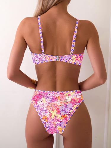 Image of Fanuerg Women's Triangle Bikini Sets O Ring Linked Two Piece Swimsuits Floral Printed Cheeky Bathing Suit