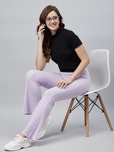 Image of BLINKIN Women's Stretch Fit Mid Rise Ribbed Stretchable Flared Pants | Boot Cut Bell Bottom Pants - Ideal for Yoga & Gym Wear, Casual Wear & Office Wear Trousers