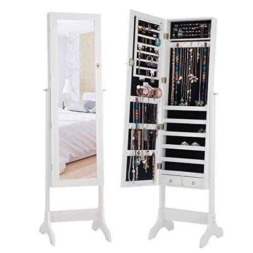 GIANTEX Armoire à bijoux sur pied avec miroir inclinable et 2 tiroirs - Support triangulaire verrouillable pour bijoux en bois (blanc) Cover