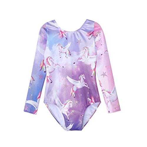 HOZIY Long Sleeve Leotards for Girls Gymnastics Kids Toddler Tumbling Outfits Floral Unicorn Galaxy Rainbow Stripe Pattern 4-5T Long Sleeve-sky Unicorn