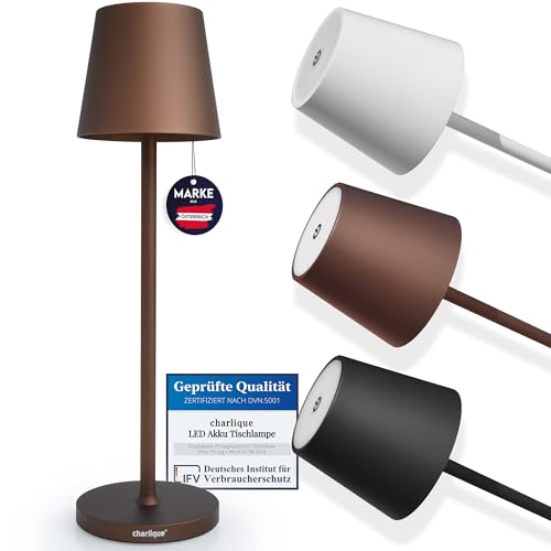 charlique® LED Tischlampe in braun - stufenlos dimmbar, mit aufladbarem Akku - edle Design Tischleuchte mit USB Ladestecker - warmweiße Lichtwirkung, für innen und außen geeignet