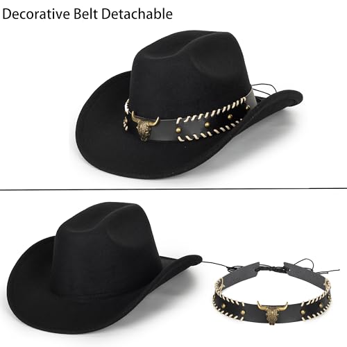 Women & Men Felt Western Cowboy Hat Classic Roll Up Brim Belt Buckle Cowgirl Fedora (M) - Image 4