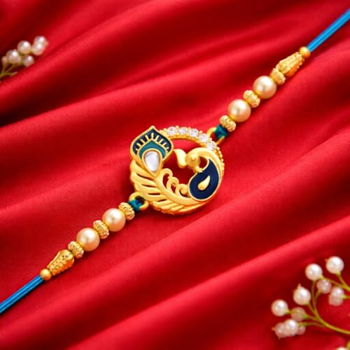 Image of Riddhika Ventures Religious Meenakari Om and Peacock Feather Rakhi With Roli Chawal And Greeting Card