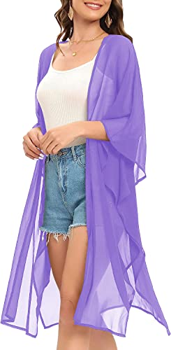 Image of Indian Trendy Women's Solid Puff Sleeve Kimono Long Cardigan Loose Cover Up Casual Blouse Top Chiffon
