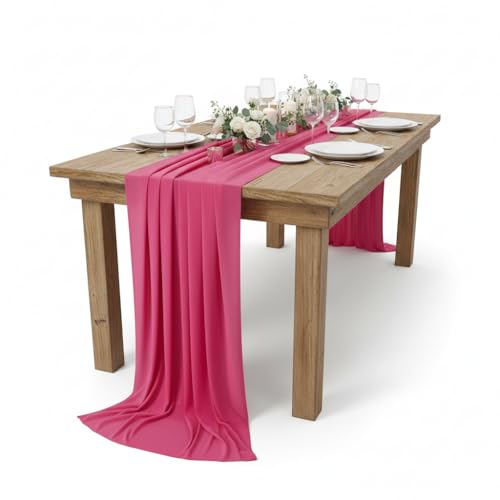 iEventStar Chemin de Table en Mousseline Lavable de Soie Décoration de Table de Mariage Anniversaire Communion Décoration de Table 70 x 300 cm (1, Fuchsia)