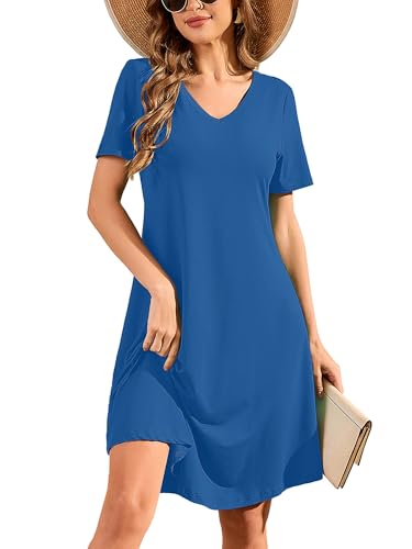 Image of DEARCASE Summer Dresses for Women V-Neck Short Sleeve T Shirt Dress Casual Flowy Swing Beach Vacation Mini Sundress