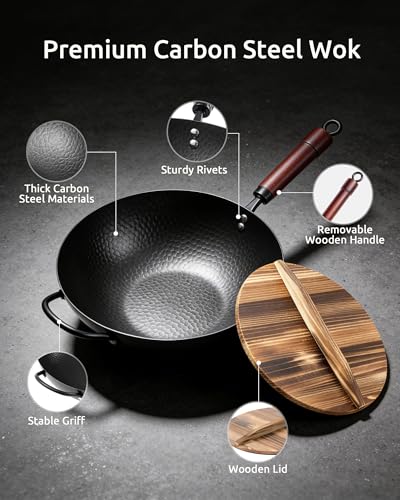Image of FGJ Wok Pan, Carbon Steel Wok, Woks & Stir-Fry Pans Nonstick, 13 Inch Wok Pan with Wooden Lid, Pre-Seasoned Carbon Steel Cookware, 5.8QT Flat Bottom Chinese Wok Pan, Compatible with All Cooktops