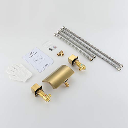 Hanallx Waterfall Tub Faucet Roman Tub Filler Brushed Gold Deck Mount Bathtub Faucets Brass 3 Holes Bathroom Faucets With 2 Handles #TOP6