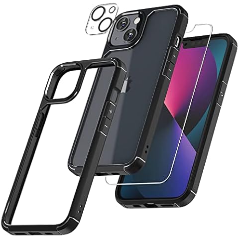 TAURI [5 in 1 for iPhone 13 Case 6.1 inch, and 2 Pack Tempered Glass Screen Protector + 2 Pack Camera Lens Protector [Military Grade Protection] Shockproof Slim Thin - Black Cover
