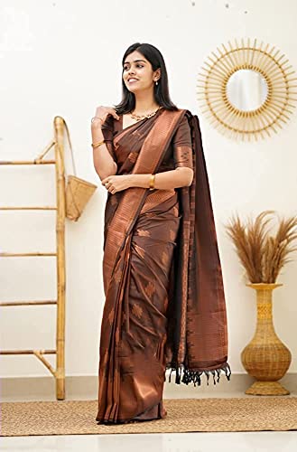 Image of C J Enterprise Women's Pure Banarasi Saree Kanjivaram Silk Sarees Soft Design Wear Pattu Sarees Party Cotton With Blouse Piece Kanchipuram For Wedding Sadi New 2024 2025 (GolaLine-51) (Brown)
