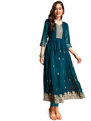 Image of EthnicJunction Women's Georgette Relaxed Fit A Line Embroidered Naira Cut A-Line Kurta | Karva Chauth Special Kurta