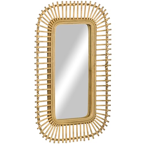HOMCOM Espejo de Pared Decorativo 75x48 cm Espejo Colgante con Marco de Ratán Espejo Rectangular para Baño Salón Dormitorio Entrada Marrón
