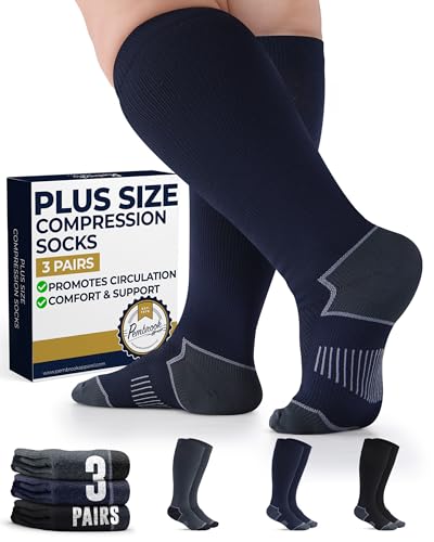 Pembrook Plus Size Compression Socks Wide Calf - 3 Pairs, 20-30mmHg, Traveling & Running, Circulation Support, Plus Size Compression Socks for Women & Men, Black, Gray, Navy