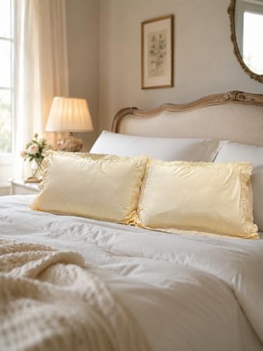 Image of VHC 100% Cotton Lace Pillow Cover /Case Set (Pack of 2)-Faun (Yellow)