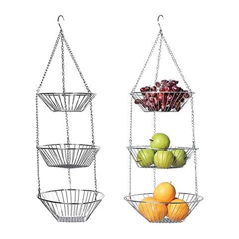 LICHENGTAI Obstkorb zum Hängen, Hängekorb 3 stöckiger Pflanzen Suitable for Every Kitchen, Rostfreier Stahl Multi-Functional Hanging Basket for Fruit Cover