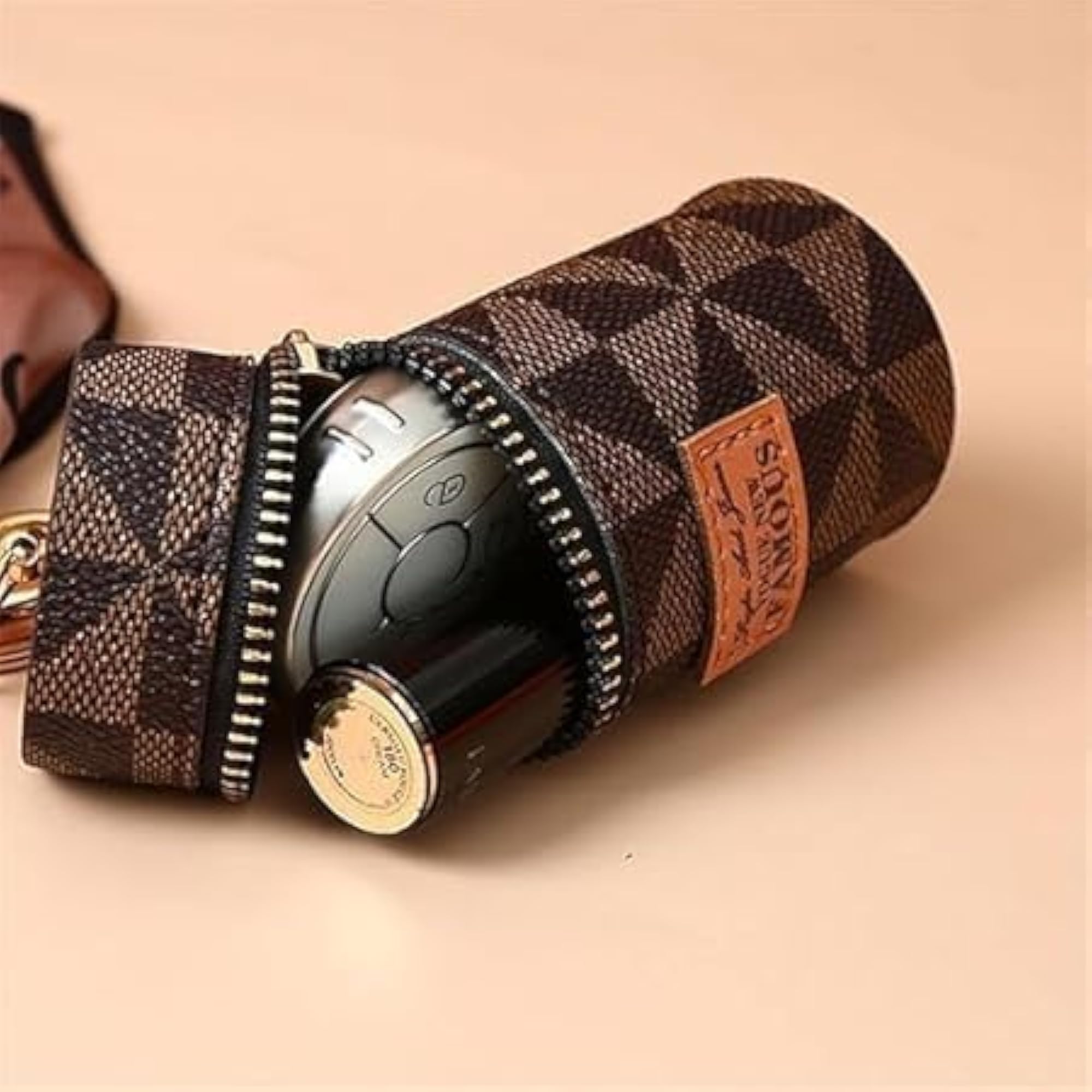 Ladies Mini Leather Keychain Bag, Brown Checkered Pattern