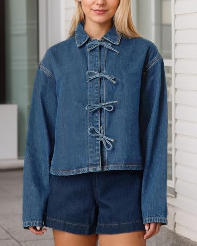 Kedera Womens Jean Jacket Tie Front Long Sleeve Denim Shacket Lapel Collar Tops Fall Winter Fashion Trendy Coat Blazer2