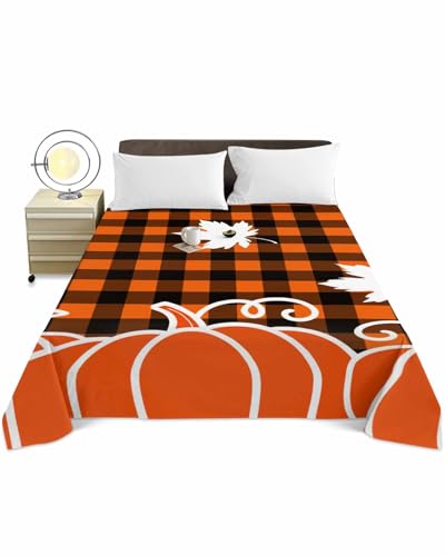 Queen Size Top Sheet Only, Autumn Pumpkin Maple Leaves Flat Sheet Microfiber Breathable Soft Bed Sheets, Black Orange Buffalo Check Hotel Bedding Flat Sheets for Bedroom