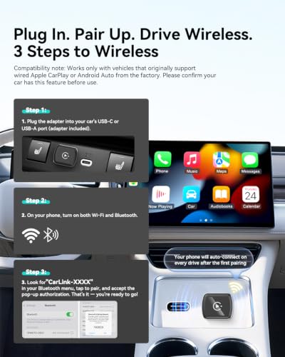 Image of Wireless CarPlay Adapter USB C - Upgrade Android Auto Dongle, The Small Plug-and-Play Dongle for Wired CarPlay /Android Auto, 5.8GHz Fast WiFi, Auto Reconnect, Zero Lag & USB-C /A