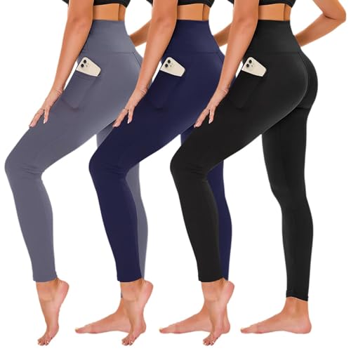 TNNZEET 3 Pack Leggings for Women - Black Tummy Control High Waisted Soft Yoga Pants for Workout Gym Running with Pockets Large-X-Large Black/ Navy Blue/ Grey (2 Pockets)