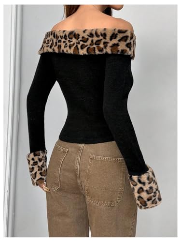 Floerns Women's Leopard Print Plush Off Shoulder Crop Sweater Long Sleeve Y2K Pullover Top2