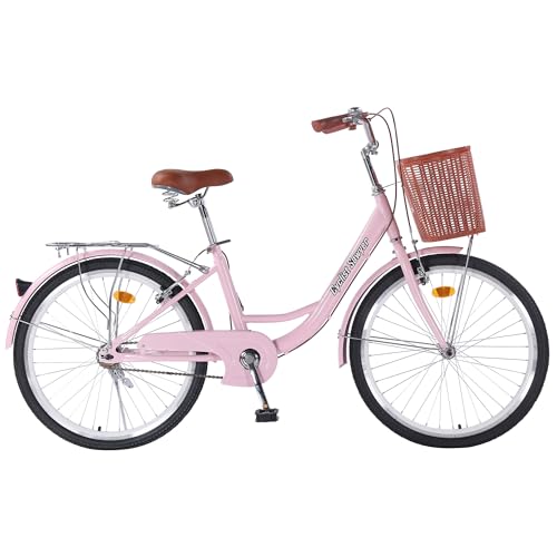 Beach Cruiser Bike for Women, 24 inch Adults Bicycle Single Speed, Bicycle for Women with Basket & Steel Rack, Women's Bike for Commuting, Step Through City Bike for Adults (Pink, 24 incn)