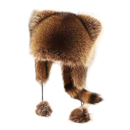 Furry Faux Fur Raccoon Tail Hat for Winter - Cute Animal Furry Trapper Hat with Earflap Raccoon Ear Pom Pom Tassel for Outdoors Brown