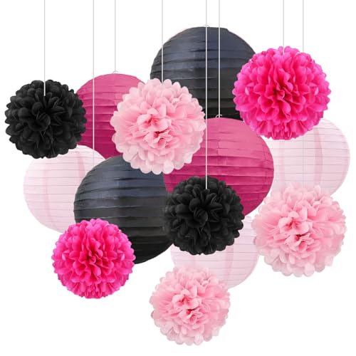 Image of 18 PCS Black Pink Paper Lanterns & Tissue Paper Pom Poms for Girls Birthday, Baby Shower, Wedding, Bridal Shower, Hanging Paper Decor for Indoor Outdoor Events Party Supplies