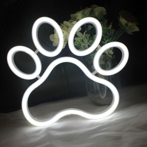 Image of Dog Cat Paw Neon Sign Paw Print Neon Sign White Neon Light for Pet Shop Pet Clinic Bedroom Wall Decor USB Powered Neon Light Wall Sign Art Decor (White)