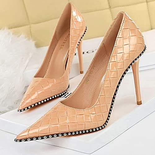 Chaussures de qualité à talons hauts pour femmes, escarpins à rivets en métal pour femmes, talons aiguilles, chaussures de banquet de luxe, escarpins-BE9611-3-nude, 39
