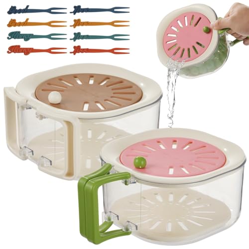 Contenedor de nevera para almacenamiento de lavado, cuenco de lavado de frutas con colador, 2 piezas, cesta de drenaje de cocina con tapa y asas plegables, 8 palillos de frutas incluidos