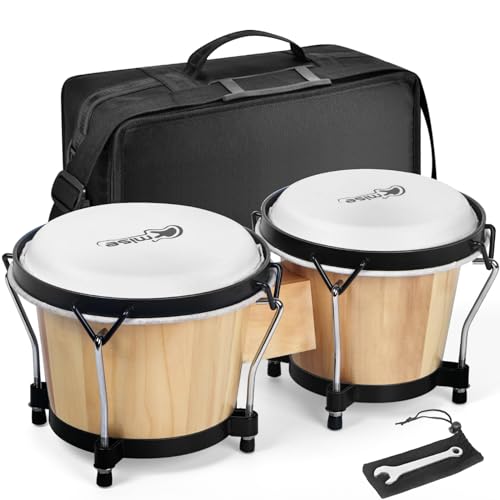 lotmusic Bongo Drums 6” and 7”, Wooden Percussion Instrument Bongos for Kids Adults Beginners,Hand Drum with Carry Bag and Tuning Wrench for Education and Practice