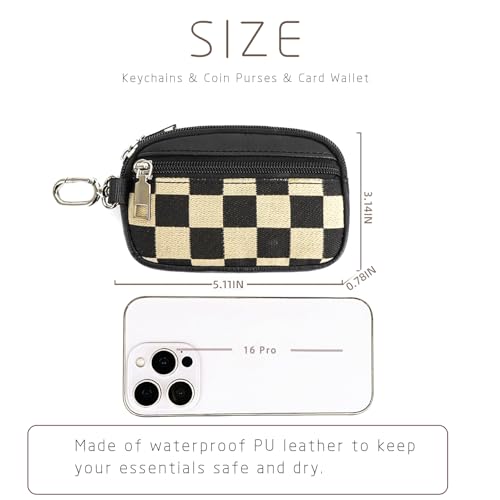 Image of Checkered Dual Pouch Keychain Wallet for Women,Small Mini Zip Leather Coin Purse with Wrist Strap,wristlet hangbags,Black
