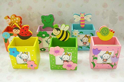 Image of GOLD LEAF Wooden Pen Stand with Photo Frame DIY Craft Kit for Kids, Multicolor Birthday Return Gifts, Desk Organizer, Paintable Wooden Pencil Holder, Pack of 6