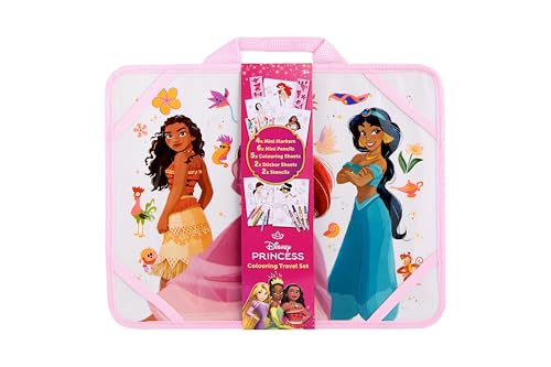 Maletín de pintura de viaje de princesa Disney | Juego de dibujo portátil para niños | Juego de pintura con lápices y pegatinas plantillas | Juego de arte creativo para niñas | Juego de manualidades