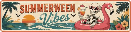 Papager Summerween Vibes Metal Sign 4x16in Spooky Beach Plaque for Halloween Summer Party Wall Decor Crossover Holiday Gift