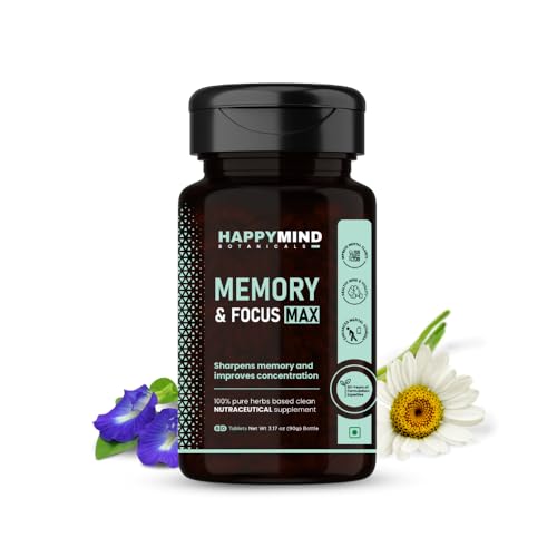 Image of HappyMind Botanicals Memory & Focus Max | Ayurvedic Brain Booster Supplement for students & Adults | Improves memory, concentration, Focus & clarity | Shankhpushpi, Brahmi, Ginkgo | 60 Vegan Tablets