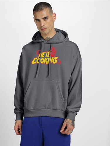 Image of Veirdo Polycotton Spun Oversized Fit Hooded Sweatshirt Full Sleeves Front Chest Graphic Printed Drop Shoulder Jumper Hoodie for Men (Sizes: S to 3XL)