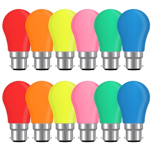 Bombillas LED de Colores B22 2W, K45 Bombilla de Colores Lámpara, Equivalente 20W, Color Naranja, Rojo, Amarillo, Azul, Verde, Rosa para Exterior, Patio, Iluminación Navideña, Halloween, Paquete de 12