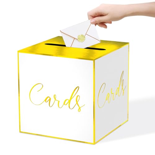 Image of White Card Box for Party, 8.7 inch Gold Foil Gift Cards Receiving Box Holder for Wedding, Bridal Shower, Graduation, Birthday, Retirement, Baby Shower, Anniversaries Party Decorations