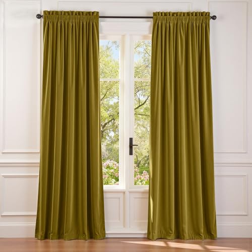 Image of Lazzzy Velvet Blackout Curtains Thermal Insulated Room Window Drapes Super Soft Luxury Curtains for Living Room Bedroom Rod Pocket 2 Panels, Golden Olive, 52 inch W x 90 inch L