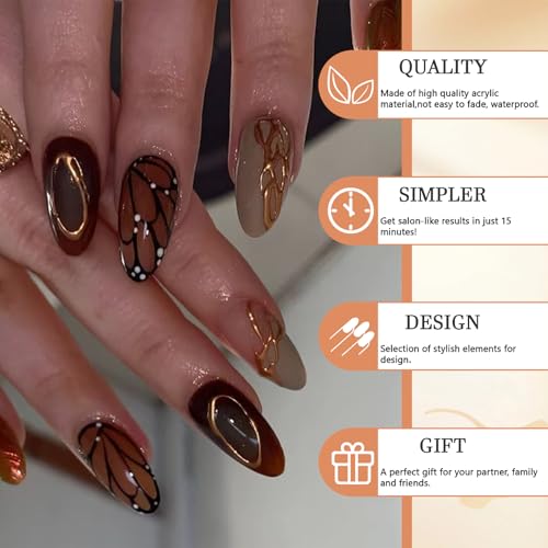 GlamRays 24pcs Autumn Press-On Nails Medium Almond False Nails Brown Press on False Nails With Butterfly and Stripe Design Autumn Nails - Image 4