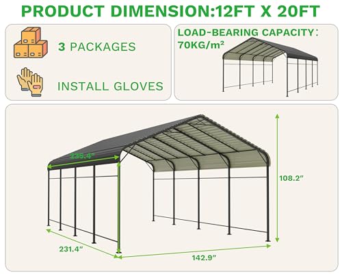 Image of Greesum 12x20FT Metal Round Carport with Side Support Rods, Deep Gray