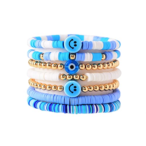 Heishi Surfer Bracelets Set Colorful Preppy Smile Evil Eye Beaded Stretch Bracelets Clay Stackable Boho Disc Party Gifts Y2K Kidcore Aesthetic Summer Beach Bohemian Layering Bracelets Jewelry For Women Teen Girls (A) #TOP17