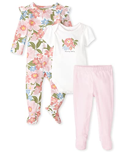 Image of The Children's Place Baby Girls' Newborn Take Me Home Set, 100% Cotton, Short Bodysuit and Pants, Long Sleeve Sleep and Play