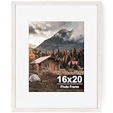 16 x 20 Picture Frame, Rustic Picture Frames Distressed White, Wood Picture Frames 16x20 with Mat for 11x14, Farmhouse 20x16 Picture Frame with Plexiglass for Wall Mount Horizontally or Vertically - White