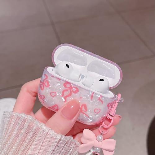 Image of MINSCOSE for Cute Glitter AirPods Pro 3rd Generation Case (2025) with Cleaner Kit,Shell Pattern Bow Ribbon Trendy Design with Bowknot Pearl Keychain for Girls Women for Airpods Pro 3-Pink