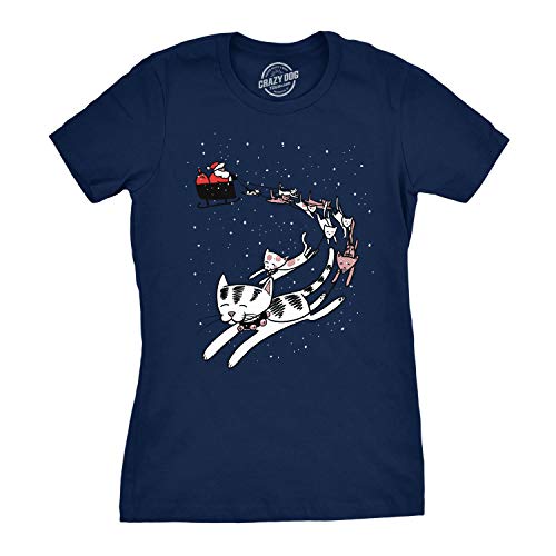 Womens Cat Reindeer Sleigh T Shirt Funny Santa Christmas Holiday Party Tee Funny T Shirts Christmas Tops for Women Cool Cat Top Women's Novelty Tees Navy 3XL