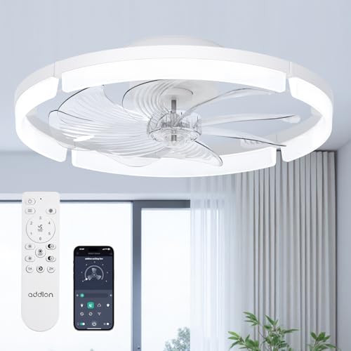 Image of addlon Ceiling Fans with Lights and Remote, 20'' Low Profile Ceiling Fans, 3000-6000K Dimmable Modern Flush Mount LED Fan Light, Fandelier Ceiling Fan for Bedroom, Kitchen, Living Room, White