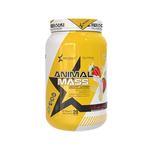 Image of BIG ROCK NUTRITION Animal Mass Weight Gainer Protein Powder for Men and Women, Increase Stamina with Natural Protein & Carbs (Strawberry Banana, 1Kg /2.2Lbs, 20 Servings)